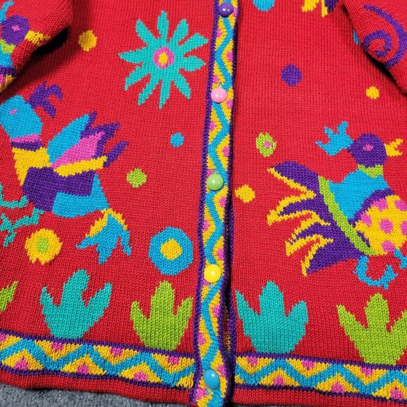 CHRISTINE FOLEY Vintage Red Artsy Folk Bird Knitted Art To Wear Cardigan SIZE 2 - Picture 6 of 13